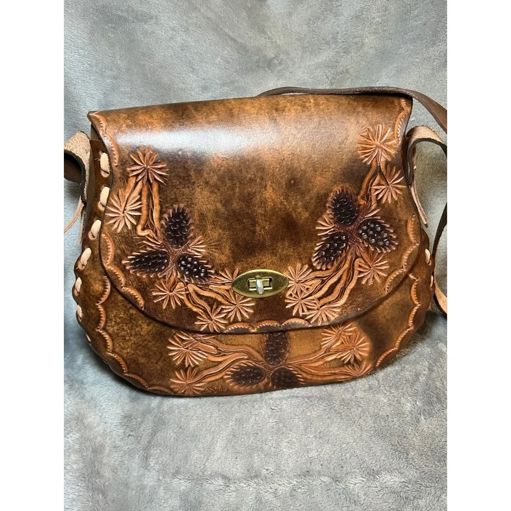 Hand Tooled Leather Pinecone Crossbody Bag Rustic Western Artisan Purse Whimsy